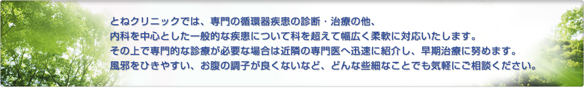 とねクリニックでは、専門の循環器疾患の診断・治療の他、内科を中心とした一般的な疾患について科を超えて幅広く柔軟に対応いたします。その上で専門的な診療が必要な場合は近隣の専門医へ迅速に紹介し、早期治療に努めます。風邪をひきやすい、お腹の調子が良くないなど、どんな些細なことでも気軽にご相談ください。